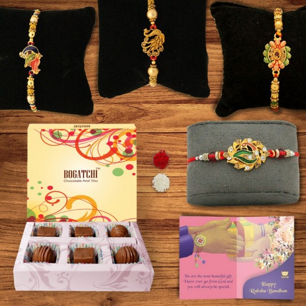 BOGATCHI 6 Chocolate Box 4 Rakhi Roli Chawal and Greeting Card B | Unique Rakhi Gifts for Sister | Rakhi with Chocolate Online 